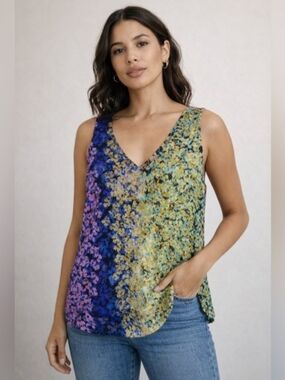 CAbi Pink Blue Yellow Floral Sleeveless V-Neck Blouse Small Cottagecore
